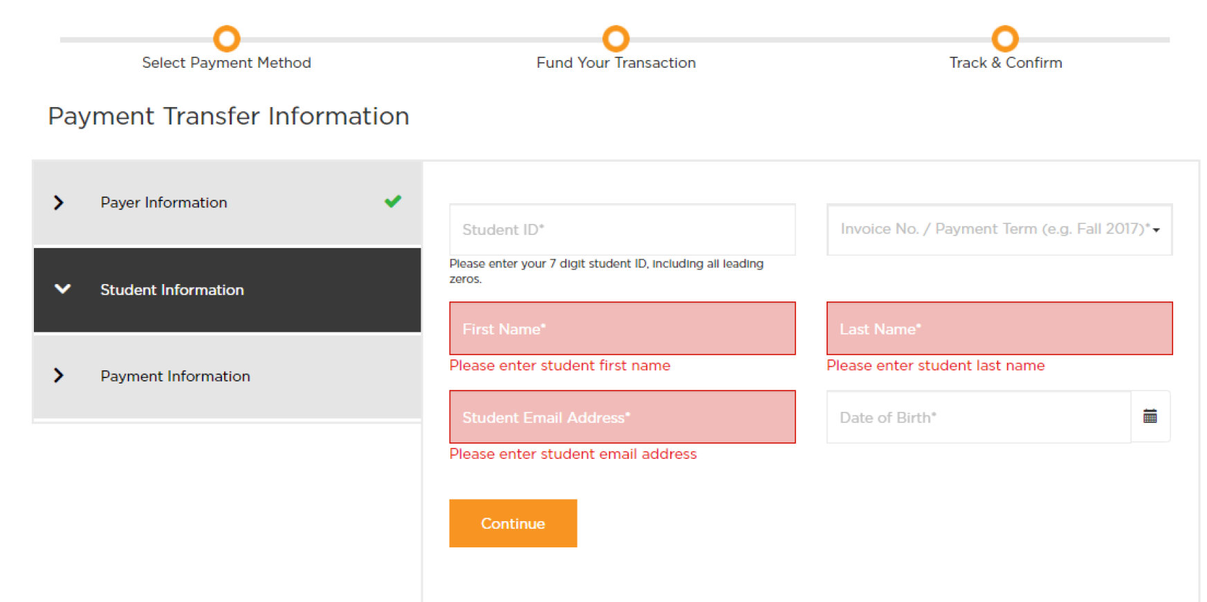Screen 5 This screen shows Payment Transfer Information: Student Information. The student fillable fields include student ID, invoice number/ Payment Term, name and email.